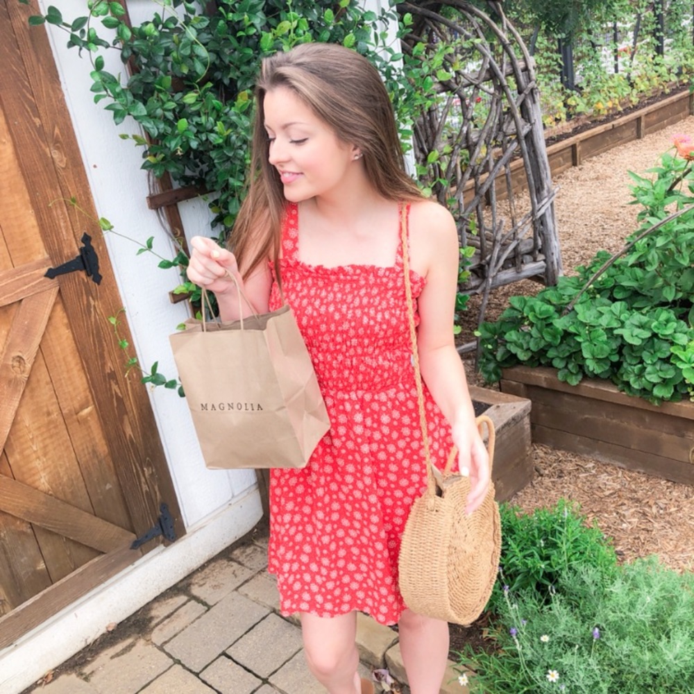 Red and white smocked floral dress